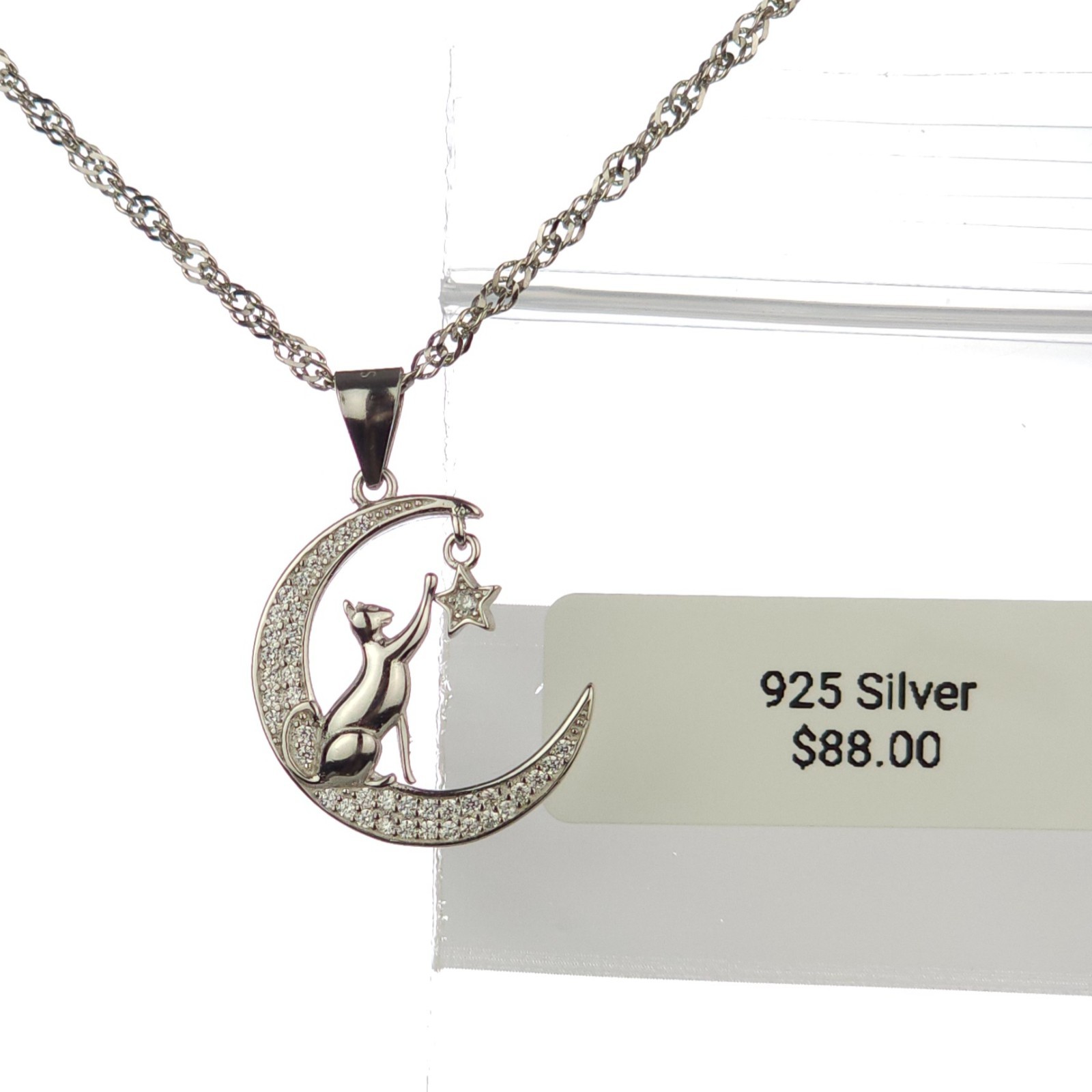 Solid 925 Silver Sparkly Crescent Moon Cat Pendant With 20″ Italy Chain, Pave