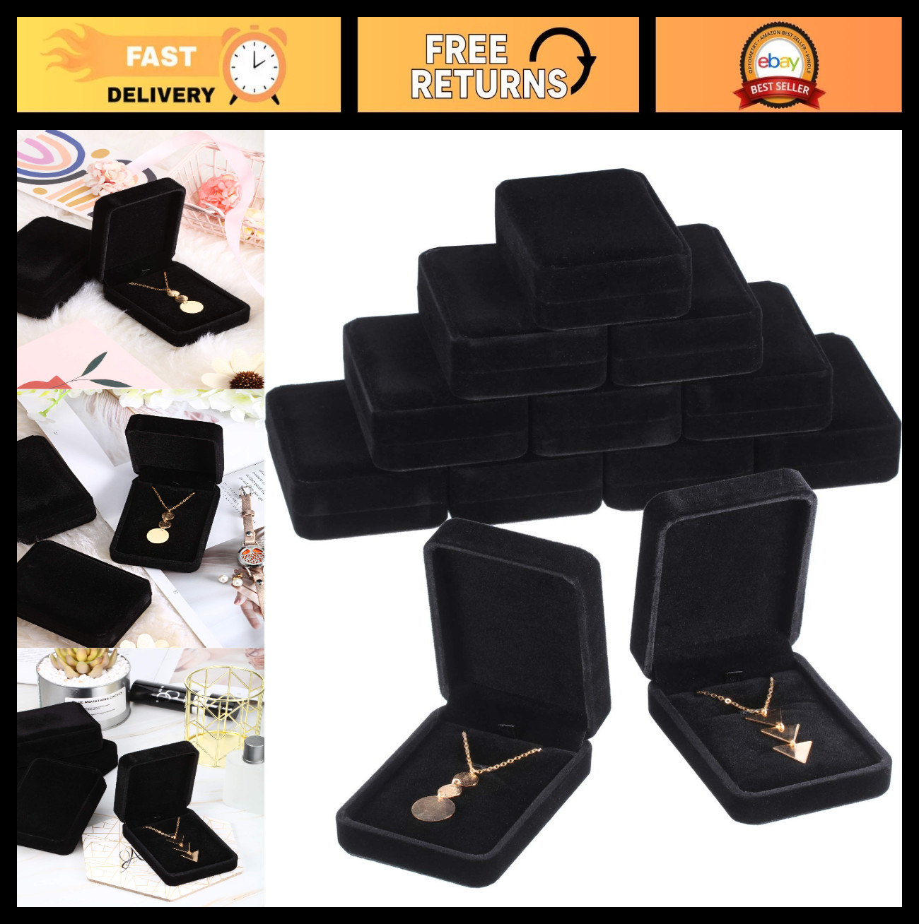 12 Velvet Necklace Gift Boxes – Black Jewelry Pendant Storage Case for Weddings,