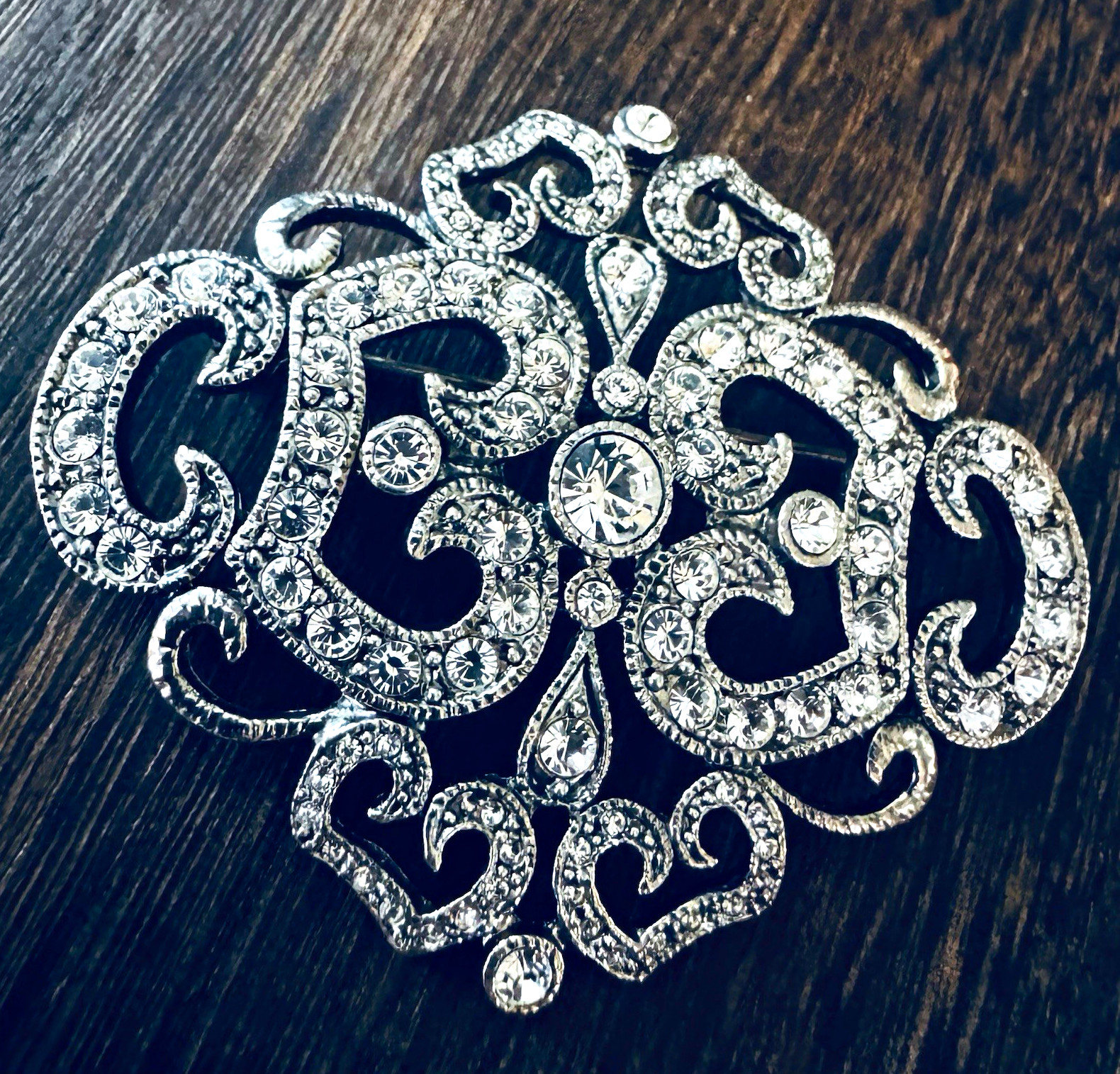 Silver Scroll Filigree Brooch Pin w/ Swarovski Crystals by JBK Camrose & Kross
