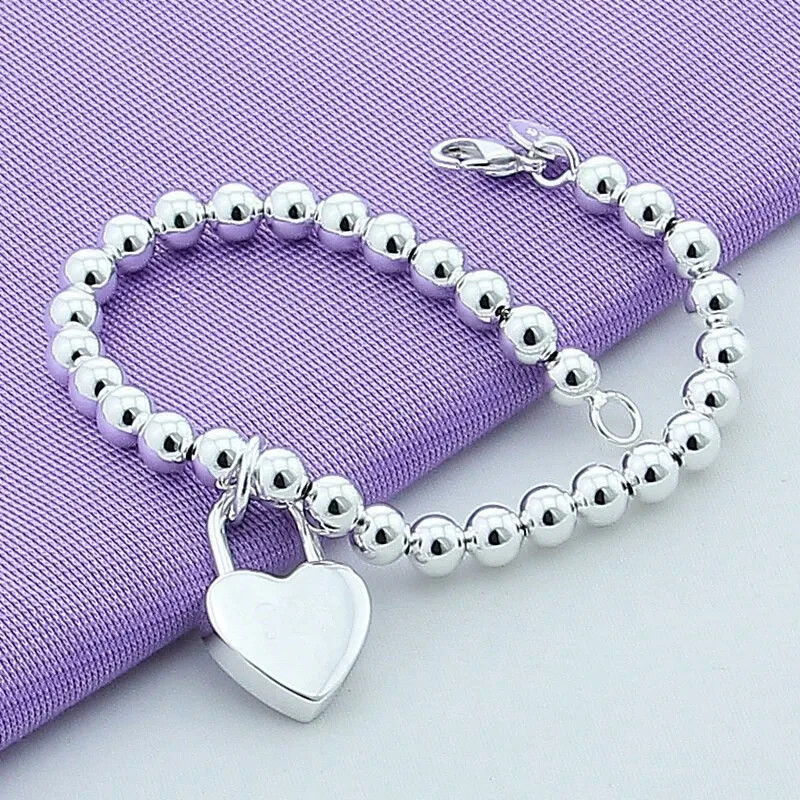 925 Sterling Silver Heart Lock Bead Bracelet 7” long lobster closure