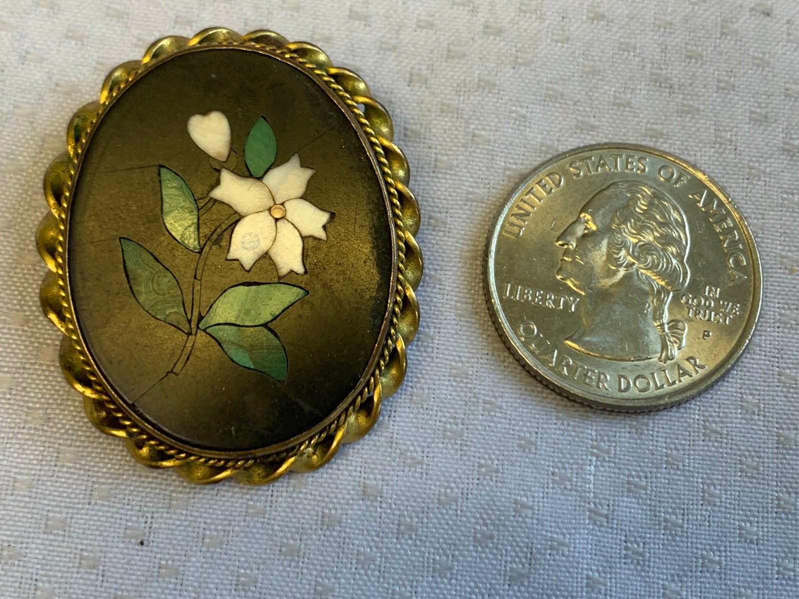 Antique Pietra Dura Brooch Costume Jewelry White Flower Floral Stone Inlay Pin