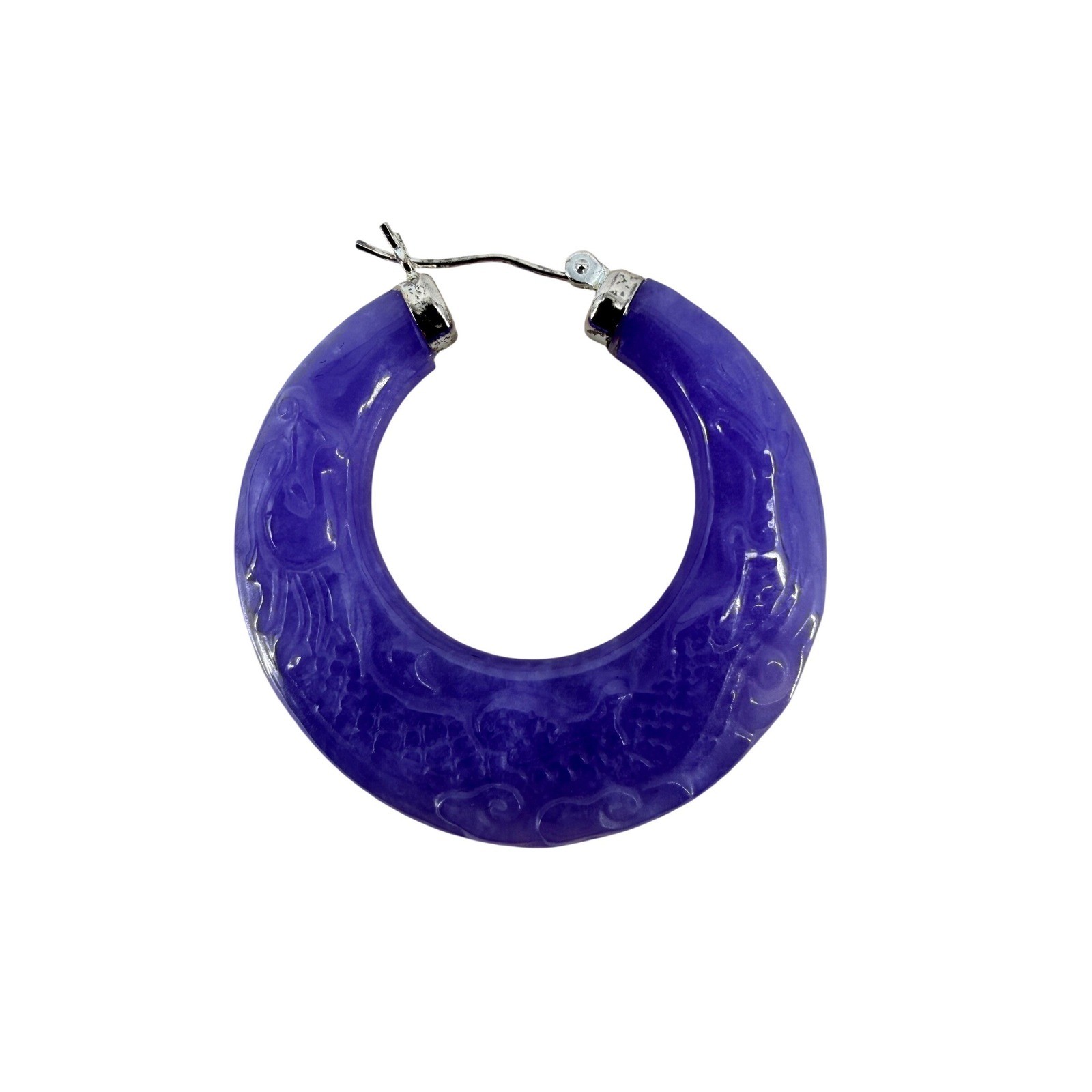 Purple Carved Jadeite Hoop Earrings Sterling Silver Latch Back Statement