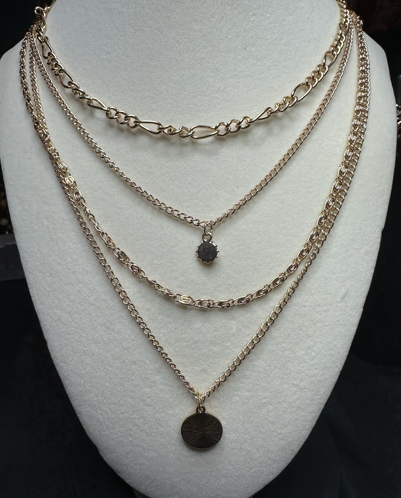 Layered Gold Tone Mixed Link Chain Necklace w/ Coin Disc & White Crystal Charm