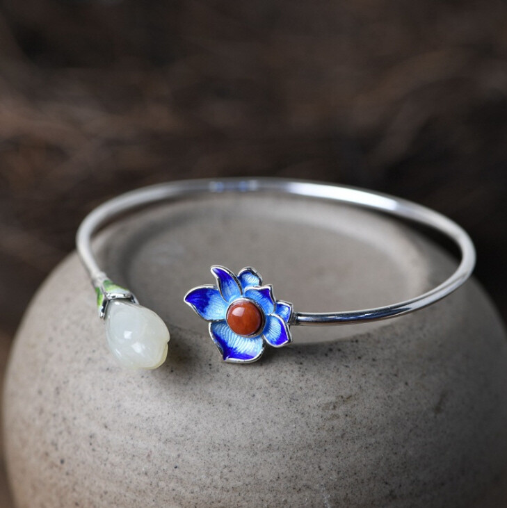 I05 Cloisonne Bangle Silver 925 Blue Green Petals White Jade Agate