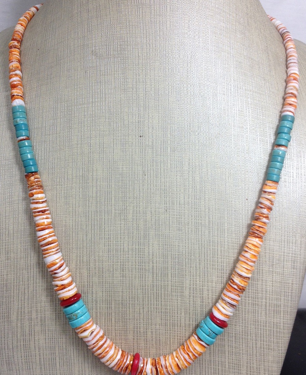 orange/white spiny oyster shell/turquoise/coral heishi necklace 22″(g180v-w1)