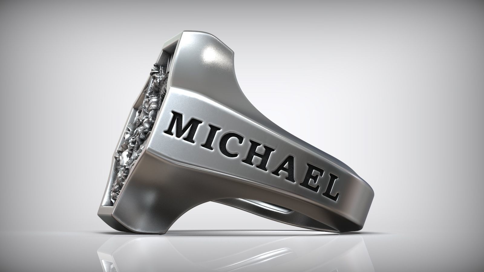 Oxidized Archangel Michael Defeating Satan Basrelief 925 Silver Statement Rings