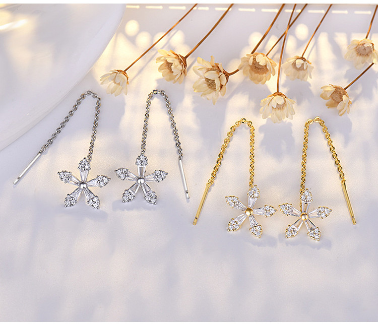 925 Silver Post/Needle Clover Flower Clear CZ Pull Through Threader Earrings G13