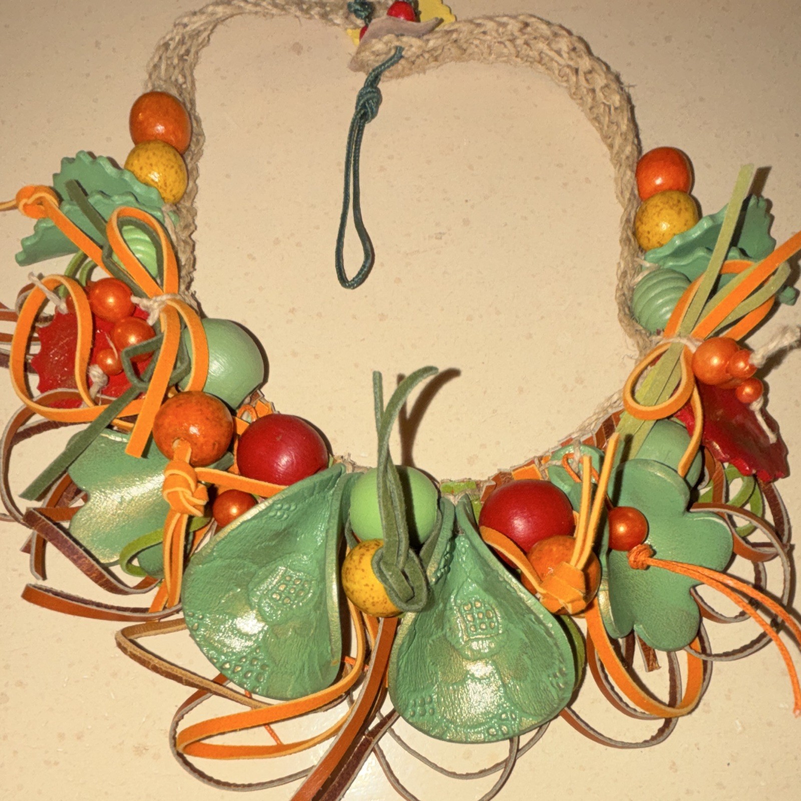 Multicolor Wood Beaded Statement Rope Cord Necklace Adjustable Flower Theme