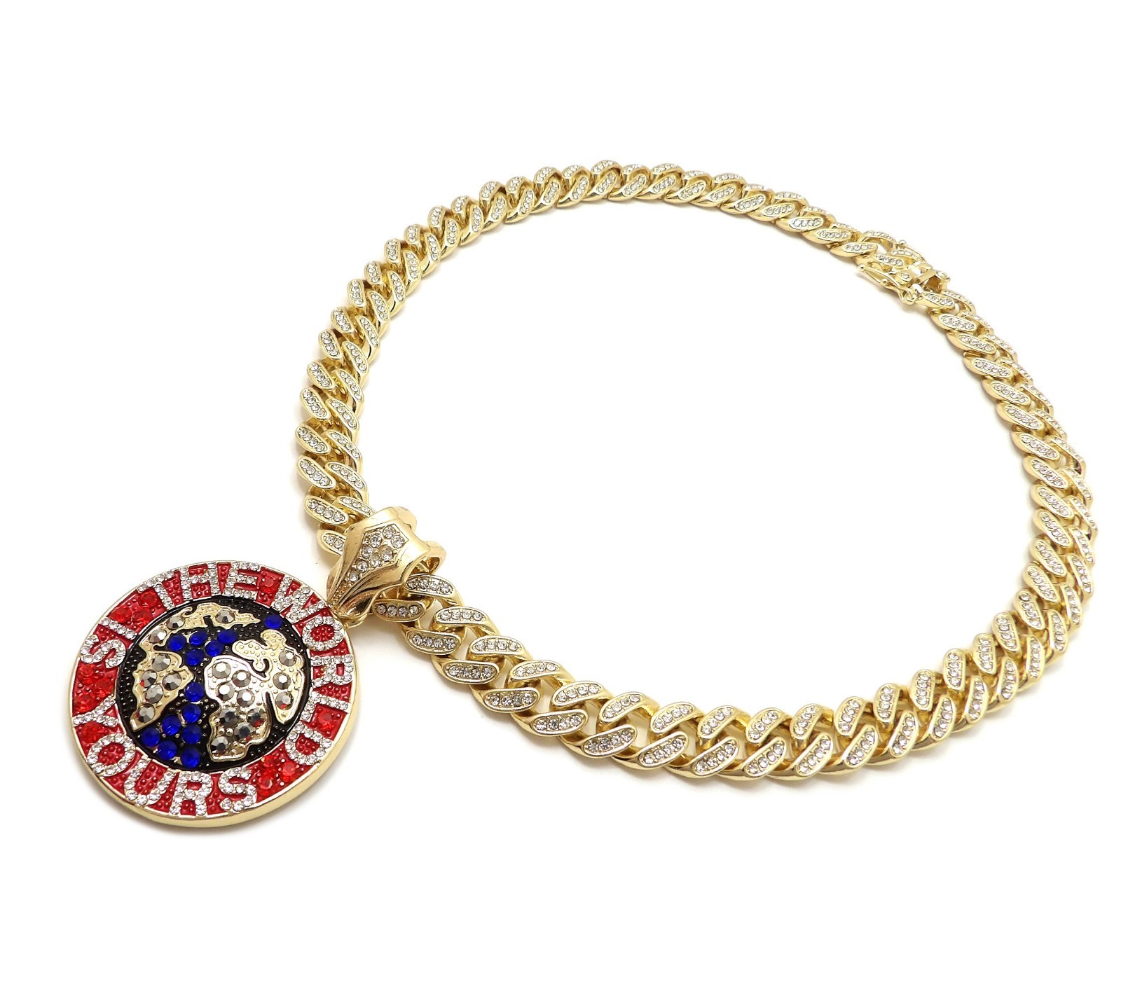 Hip Hop THE WORLD IS YOURS Pendant & 18″ Iced Box Lock Cuban Choker Bling Chain
