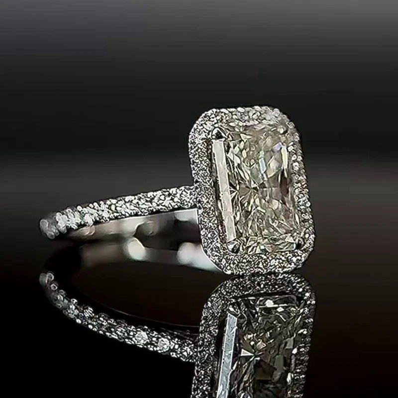 3.75 Ct Radiant Cut Real Moissanite Halo Engagement Ring 14K White Gold Plated