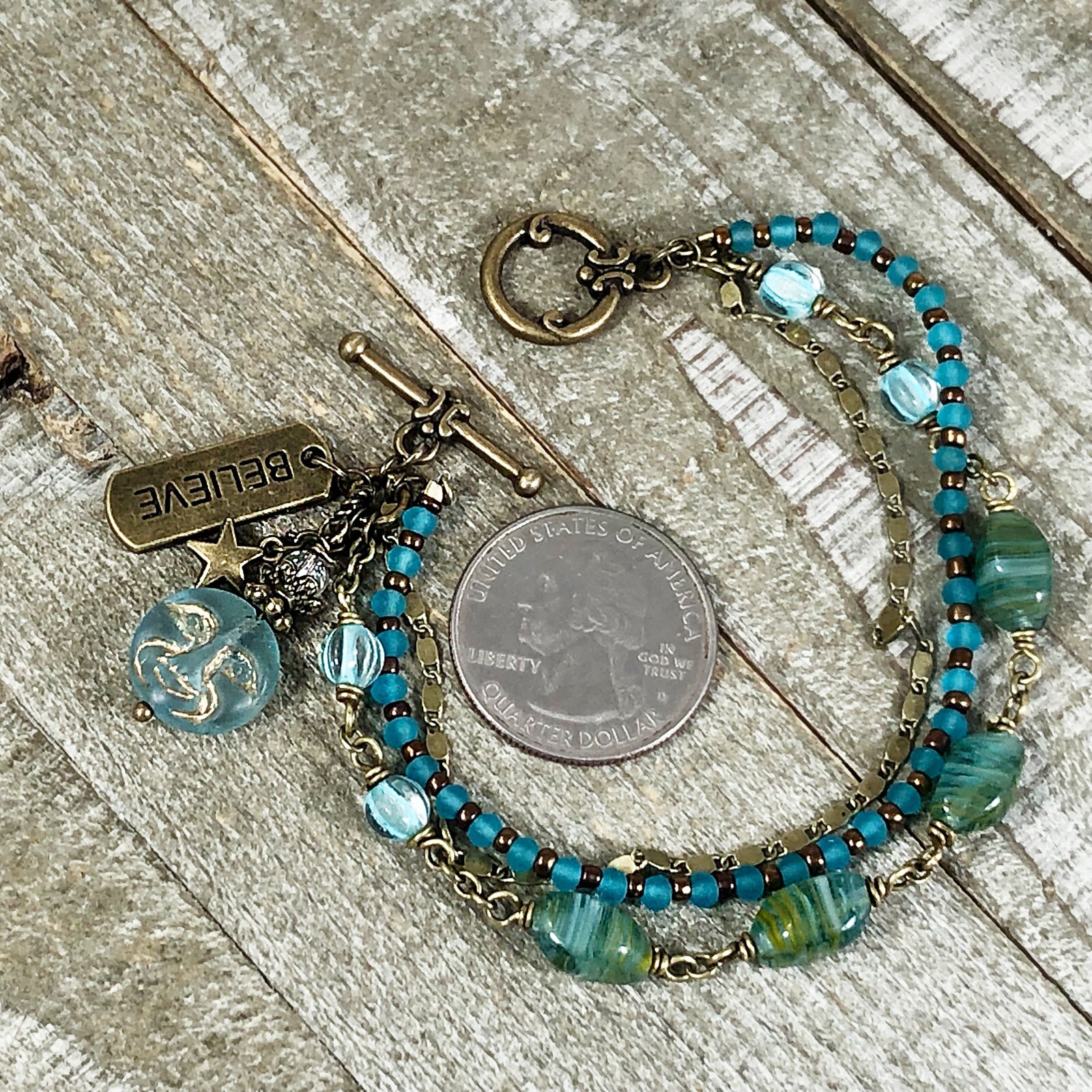 Boho Bronze Triple Strand Bracelet with Turquoise Hurricane Glass Beads