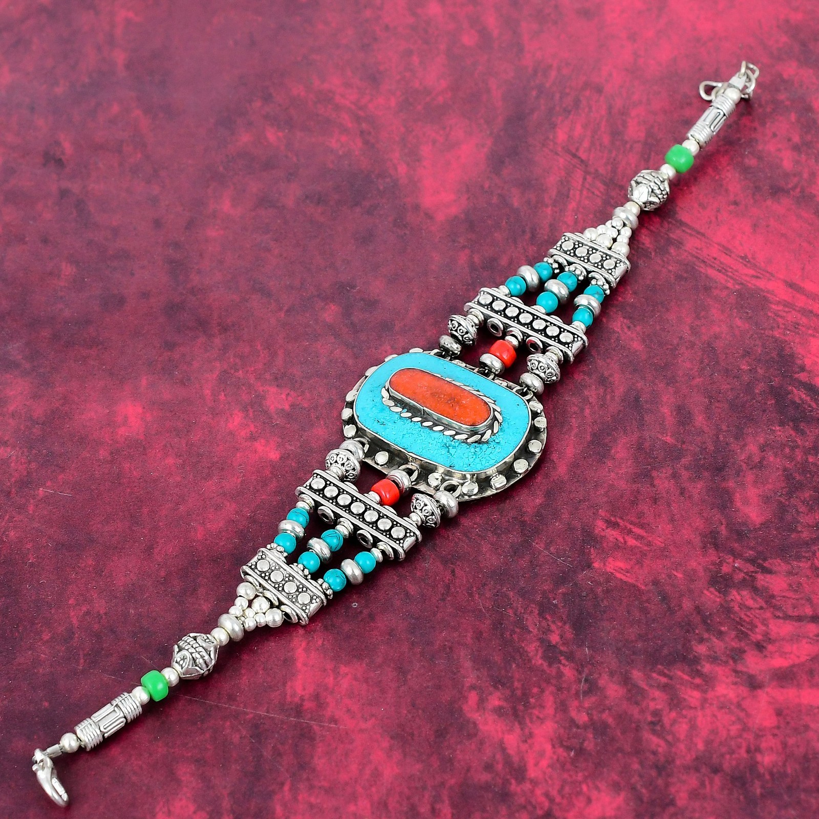 Turquoise, Coral Gemstone Handmade 925 Sterling Silver Nepali Bracelet Jewelry