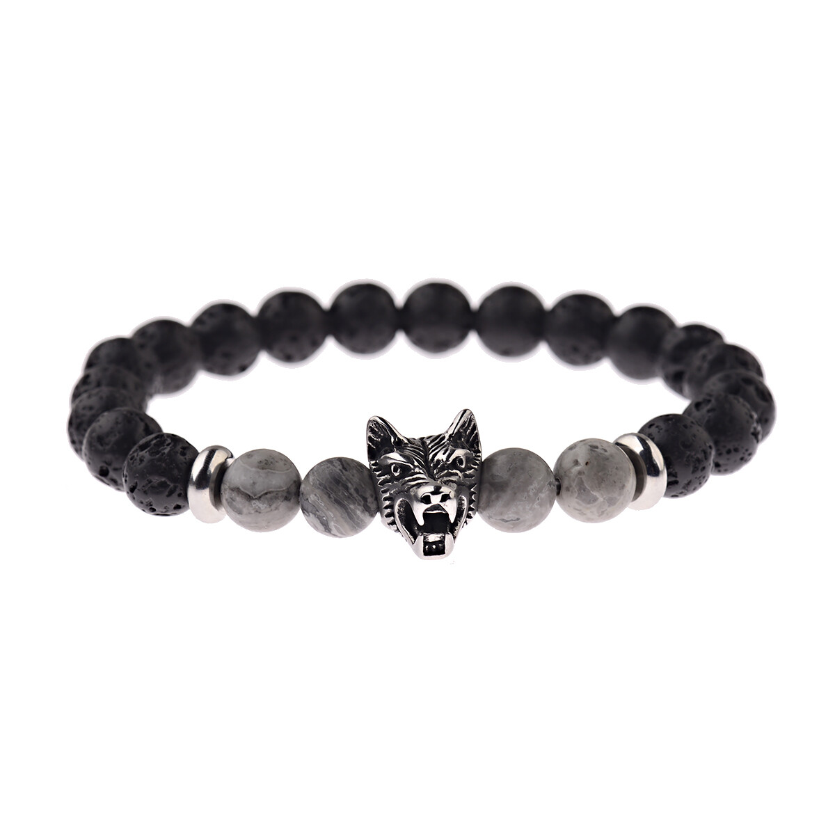 2Pcs Punk Men’s 8mm Lava Rock Diffused Stone Wolf Head Charm Bracelets Bangle