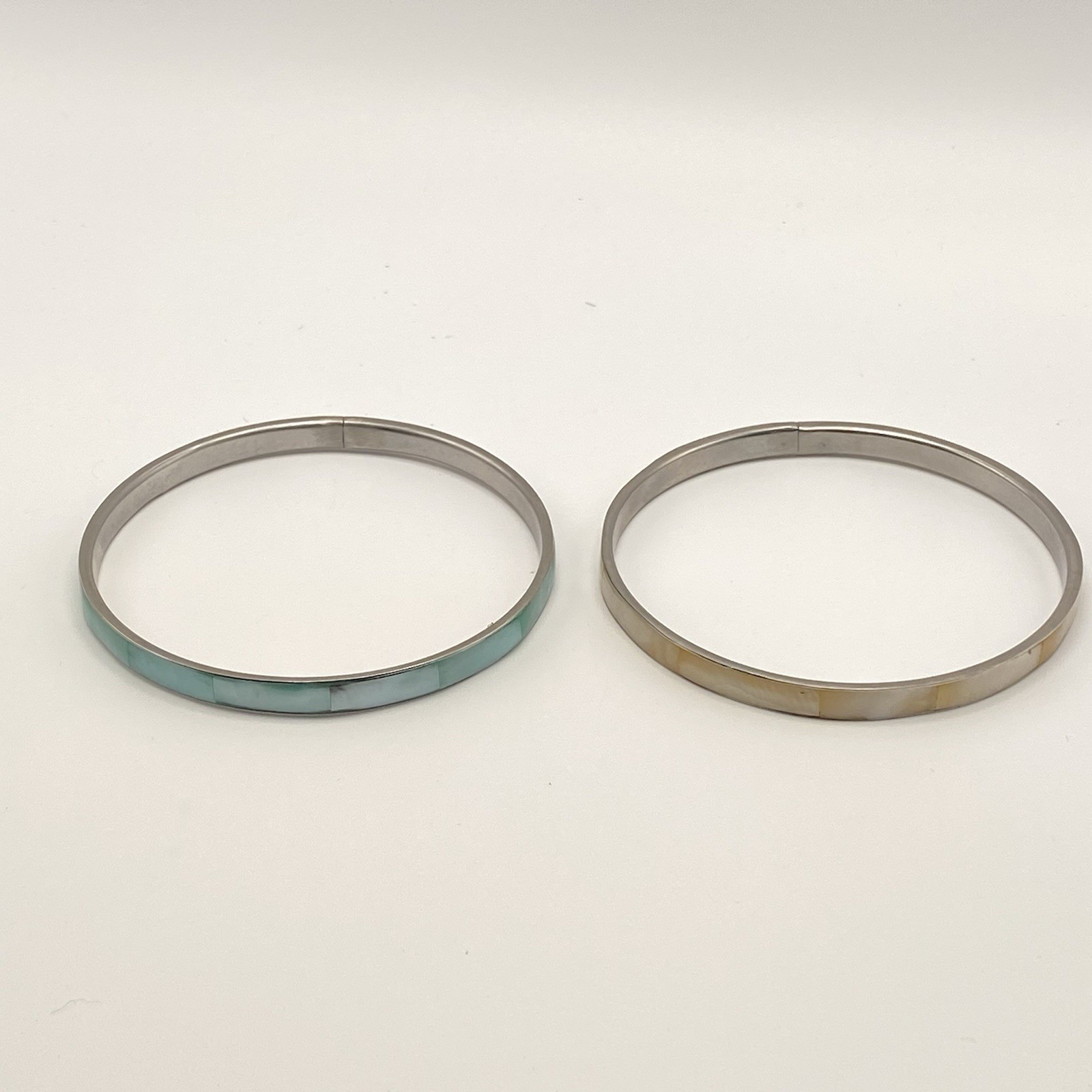 Vintage Stackable Bracelets Aqua Green White Beige White MOP Inlay Shell Bangle