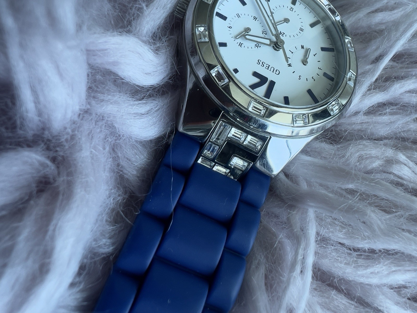 GUESS Women’s Quartz Multifunction Analog Watch White Dial Blue Silicone Strap