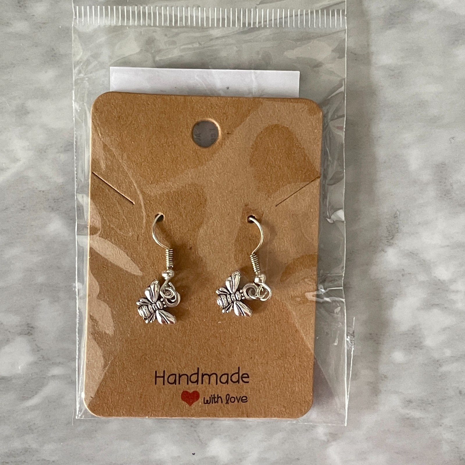 Pocket Hug – Handmade Earrings Silver Tone Tiny Bee Charm Drop Hook Gift