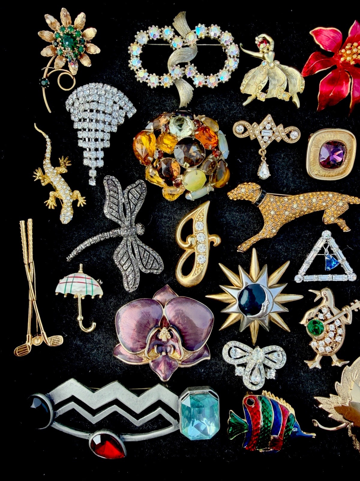 Vintage Large Brooch Pin Lot Rhinestone Enamel Colorful Signed Unsigned Mix 77p