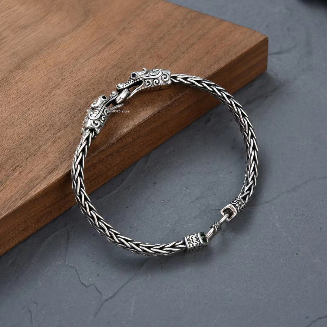 Real Sterling Silver 925 Metal Purity Bracelet Men 6mm Double Dragon Head Link