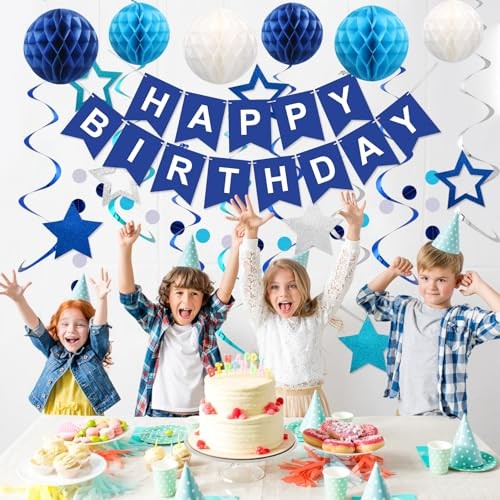 Birthday Decorations, Happy Birthday Banner with Honeycomb Balls, Stars Blue