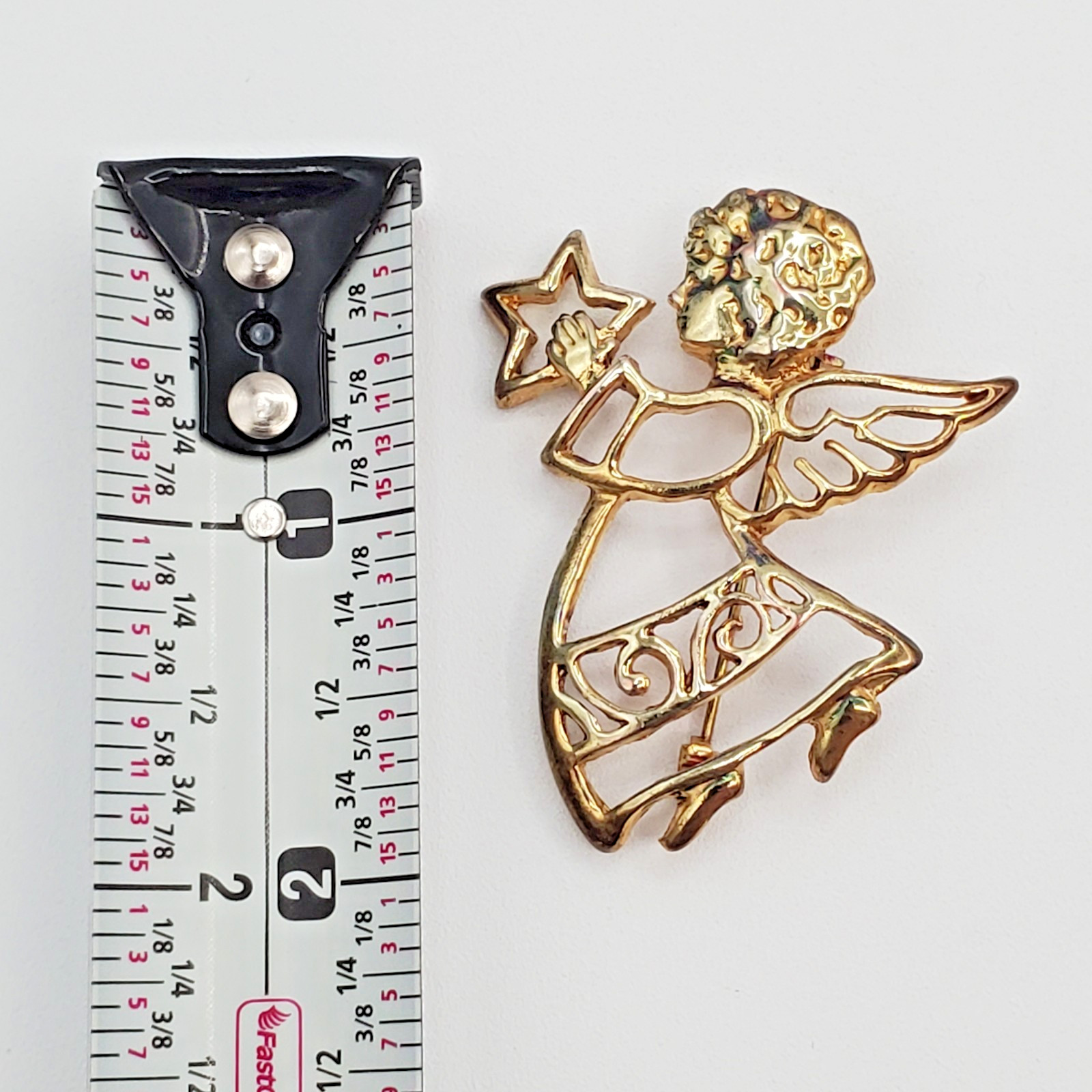 VTG Angel Brooch 2in Gold Tone Angel Star Celestial Open Work Cutout Estate Pin