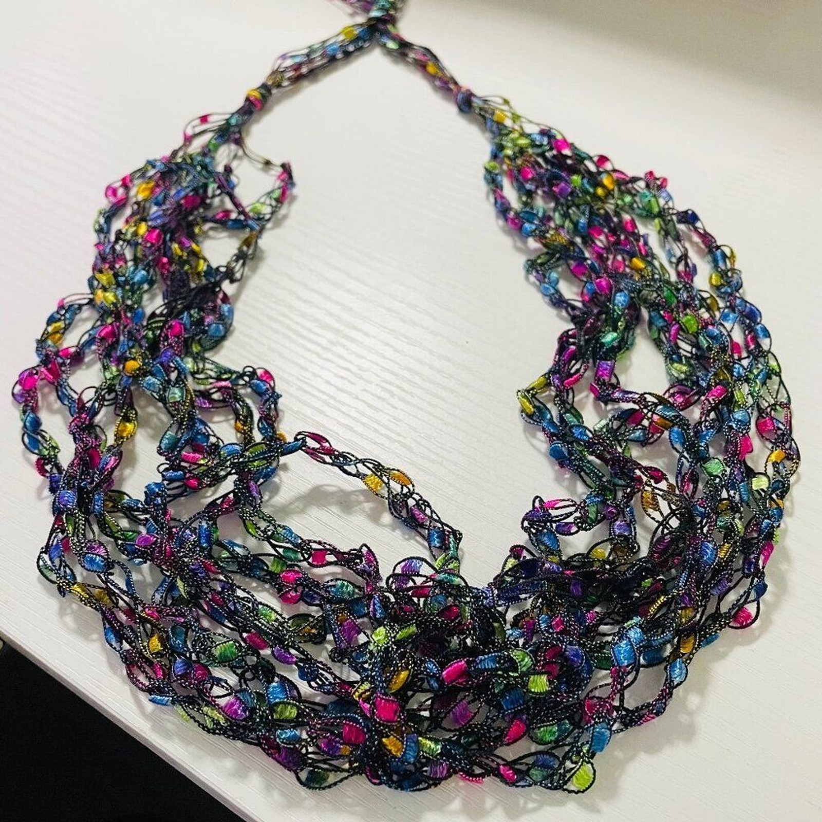 Multicolor 6 Strand Ribbon Yarn Boho Festival Necklace Feather Light