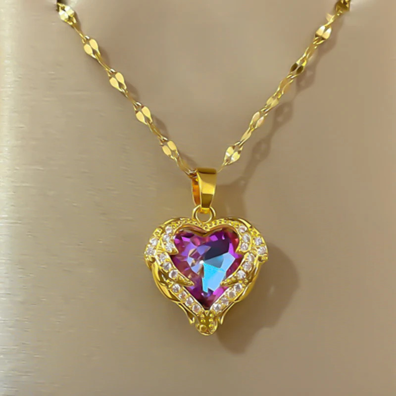 Trendy Rhinestone Heart Pendant Necklace Women 18k Gold Silver Plated Titanium