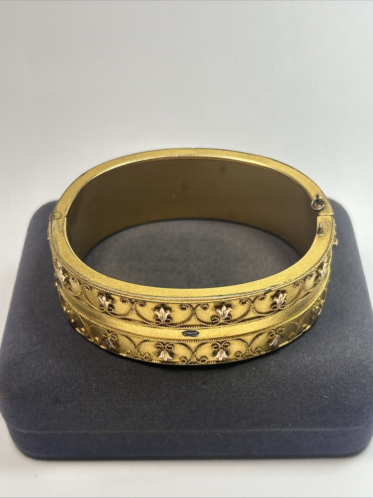Victorian Etruscan Revival Gold Gild Wide Floral Motif Insert Clasp Bangle