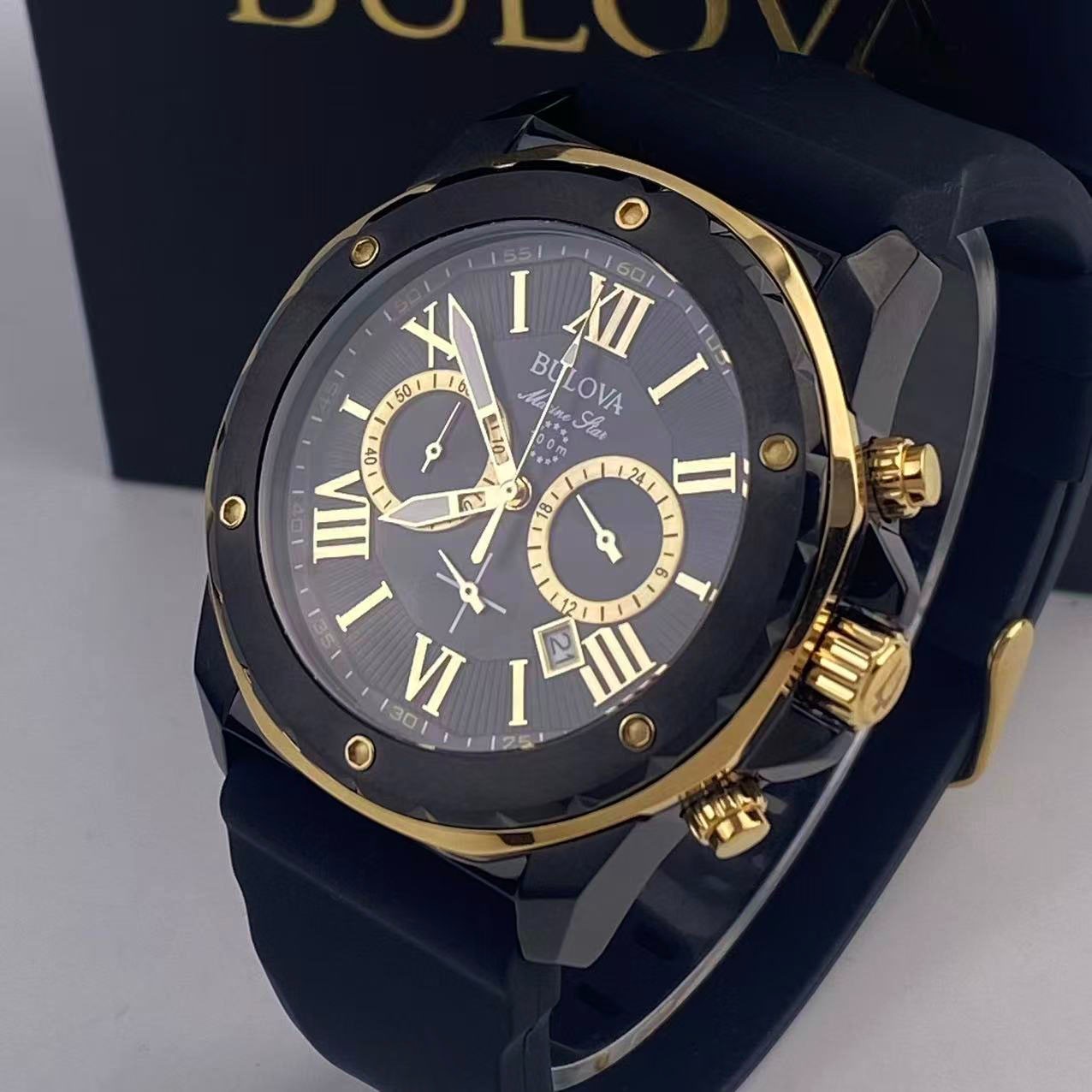 New Bulova Marine Star -98B278- Men’s Chronograph Quartz Watch Black Dial 44 mm