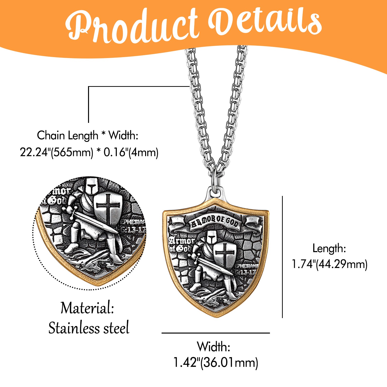 Men Christian Armor of God Ephesians Bible Verse Stainless Steel Faith Necklace