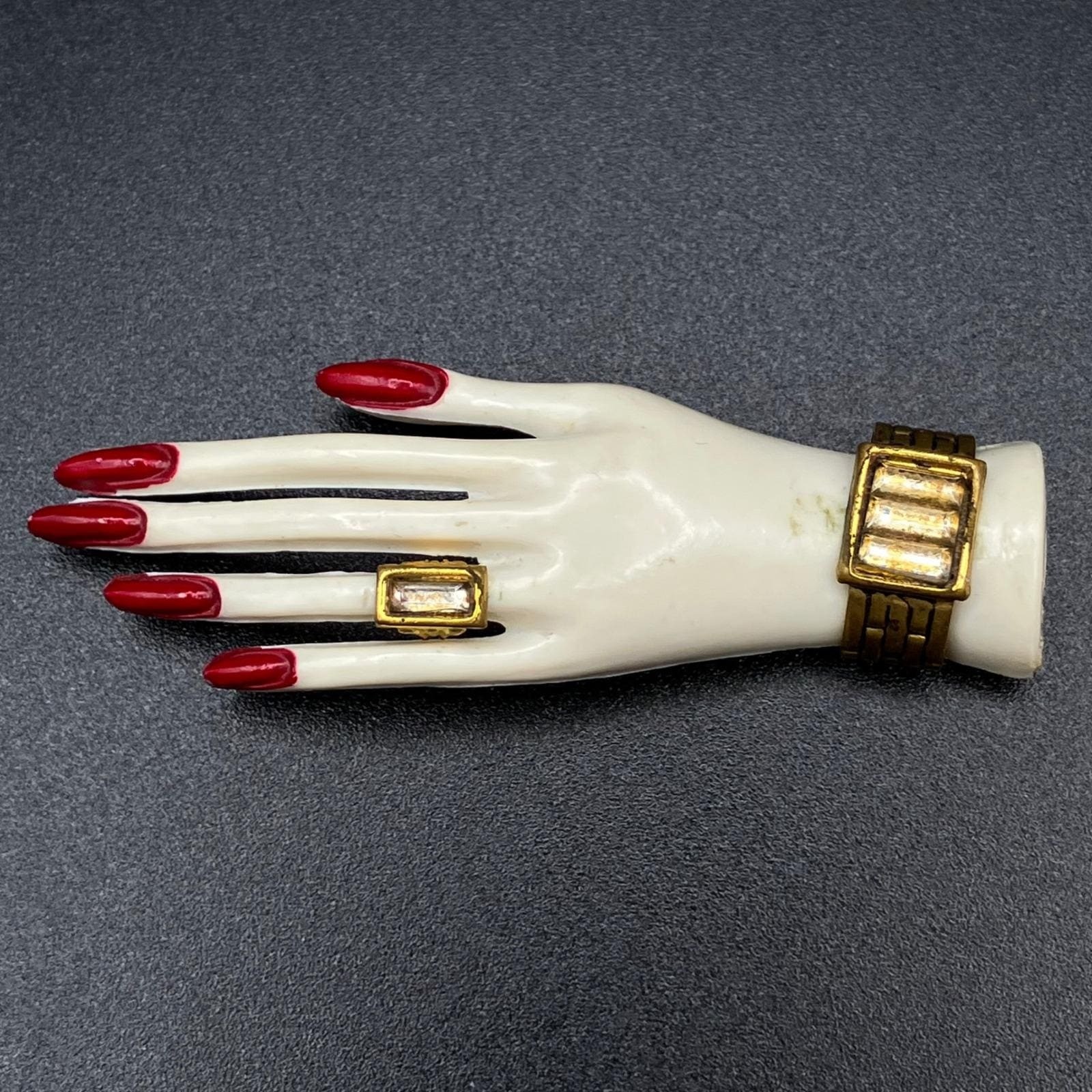 Vintage Hand Brooch White Plastic Figural Pin Gold Ring Bracelet Red Nails MCM