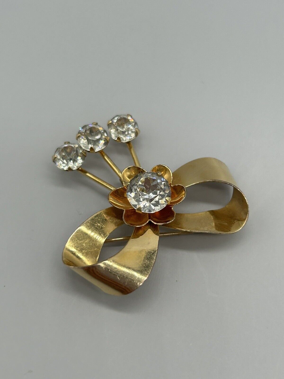 Vintage Signed BAL-RON 12K Gold Plated Crystal Floral Bow Brooch Pin