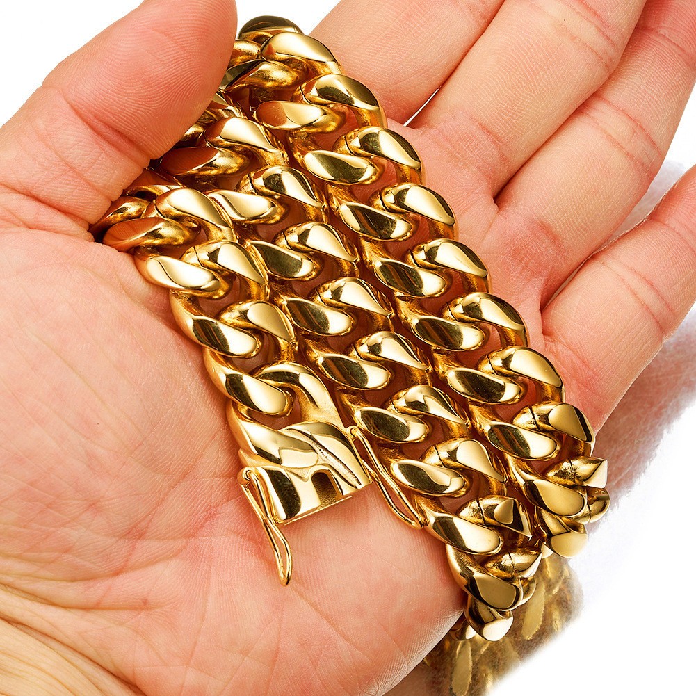 6-22MM Full Stainless Steel 18K GP Miami Hip Hop Cuban Chain Necklace Bracelet