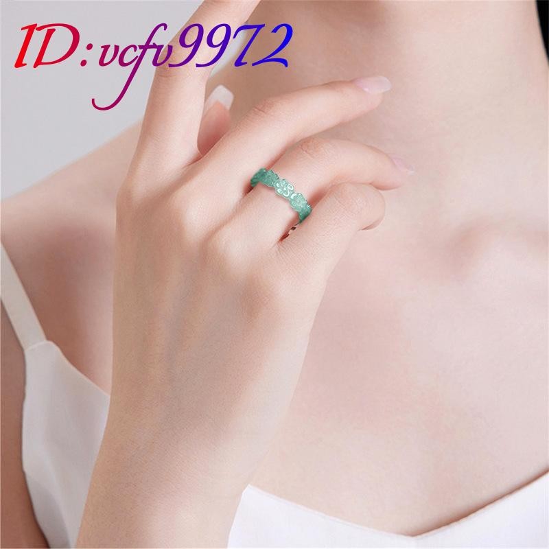 Blue Myanmar Jadeite Flower Ring Emerald Real Burmese Jade Accessories Carved