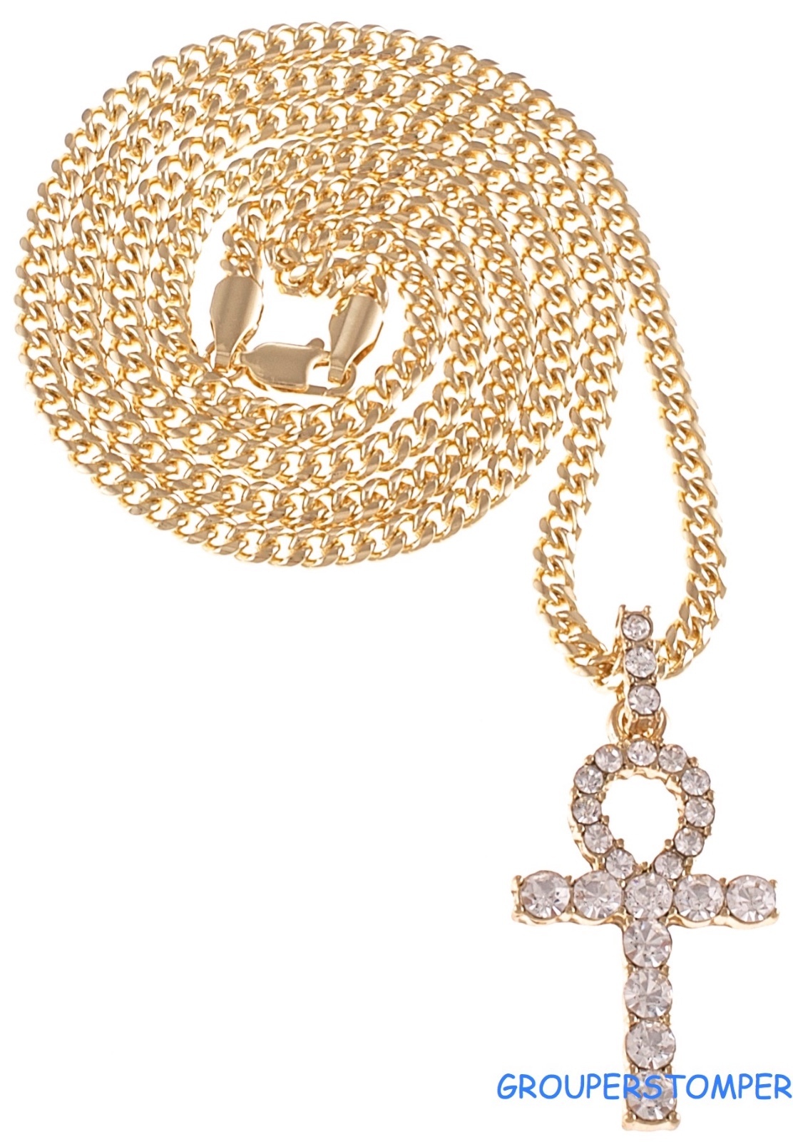 Ankh New Small Egyptian Pendant with Rhinestones Necklace on 24 Inch Long Chain