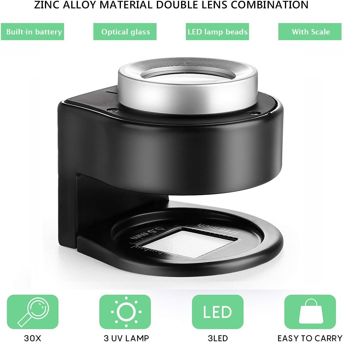 30X Coin Magnifier, USB Rechargeable 6 Lights Portable Metal Eye Loupe Sewing