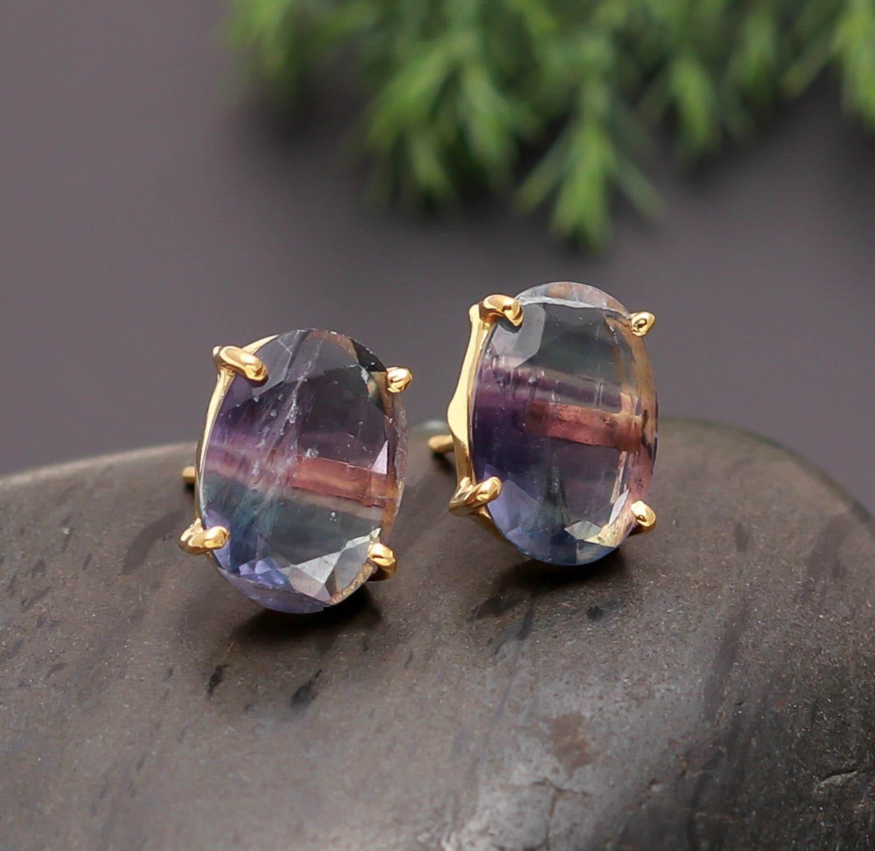 Natural Fluorite Oval Stud Earrings Gold Plated Solid Silver Designer Jewelry