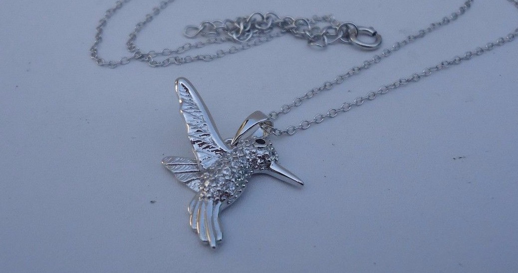 925 STERLING SILVER DESIGNERS HUMMING BIRD PENDANT NECKLACE LAB CREATED DIAMONDS