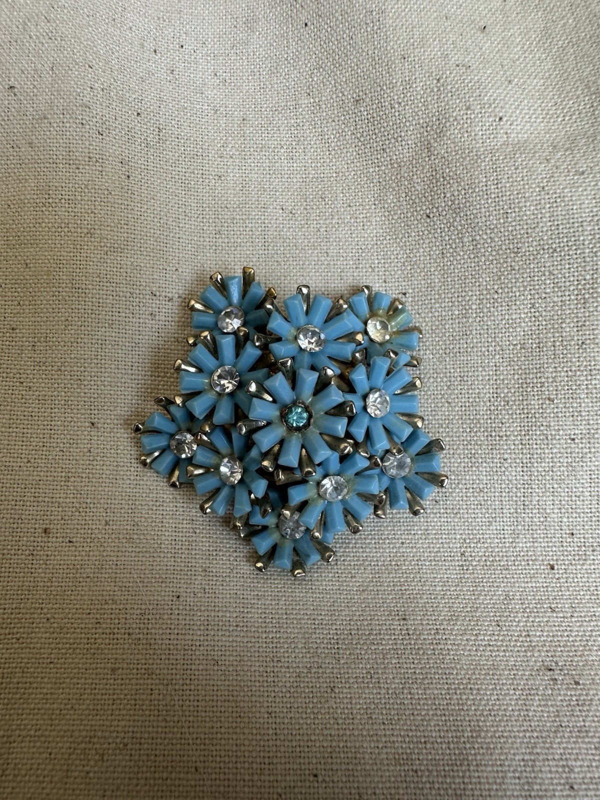 Blue Flower Cluster Rhinestone Brooch Pin Prong Set Baguette 1.5 in