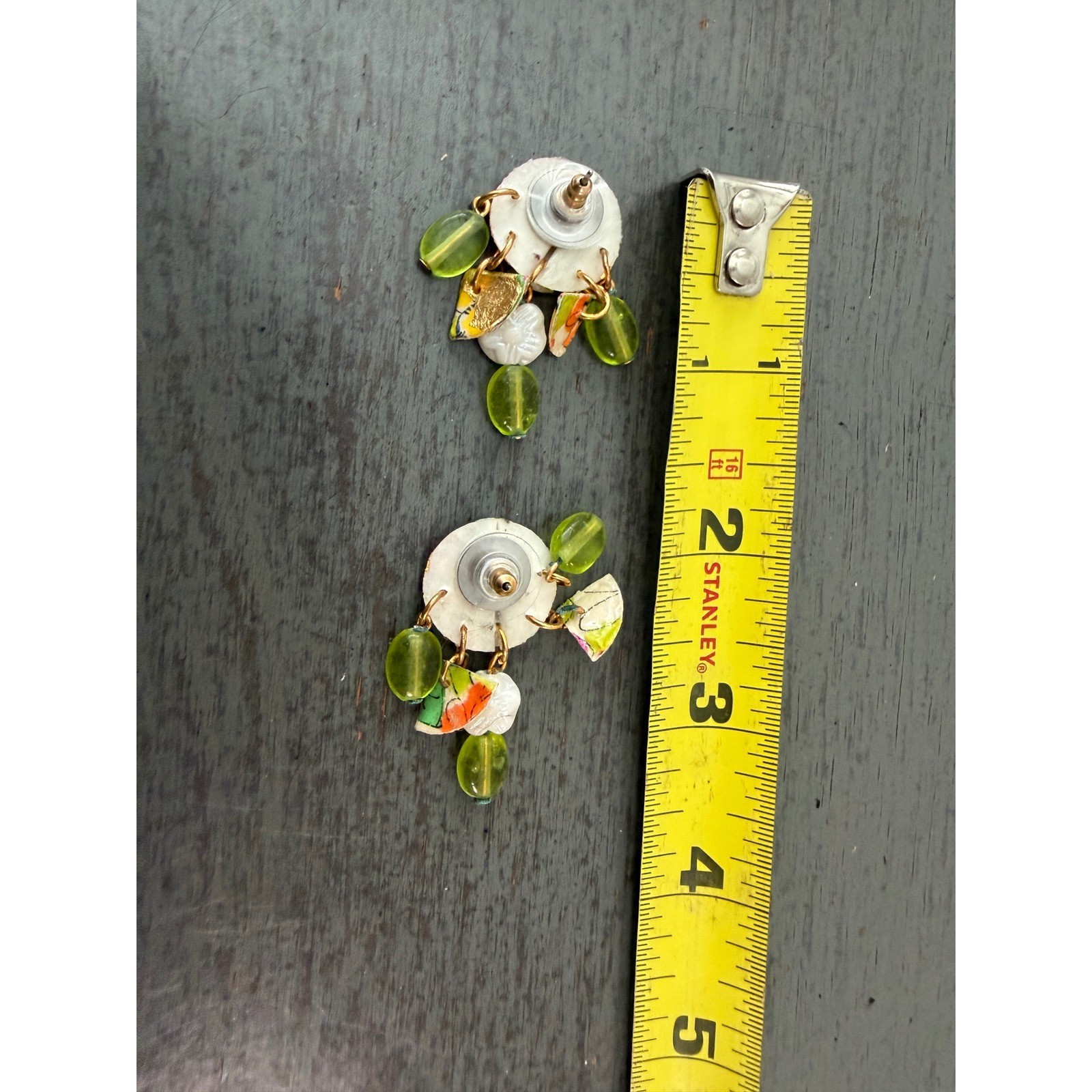Vintage Mixed Media Floral Drop Earrings Green Gold Foil Bohemian Post Backs