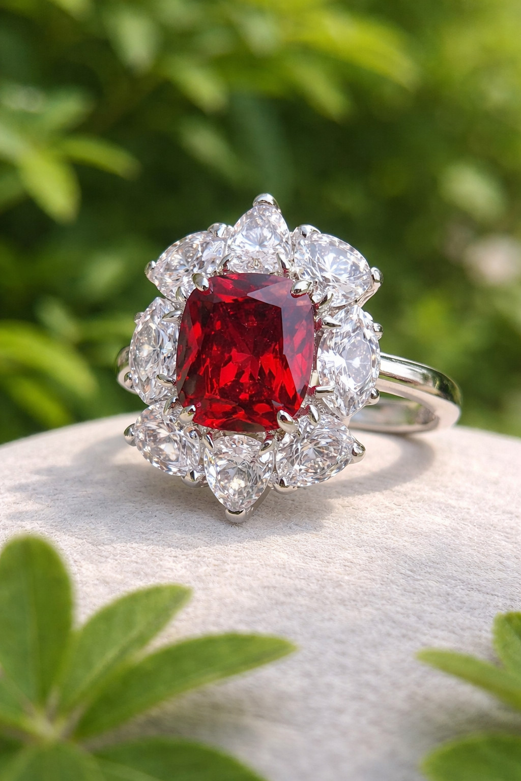 2.80 Ct Cushion Cut Natural Ruby & Diamond Wedding Ring 14K White Gold 6