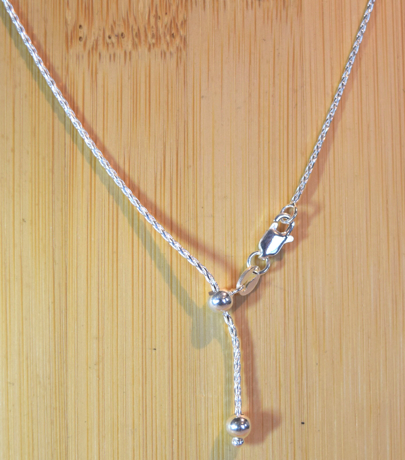 Adjustable 1mm Wheat Chain Necklace 925 Sterling Silver 16″ to 30″ Ball Slide