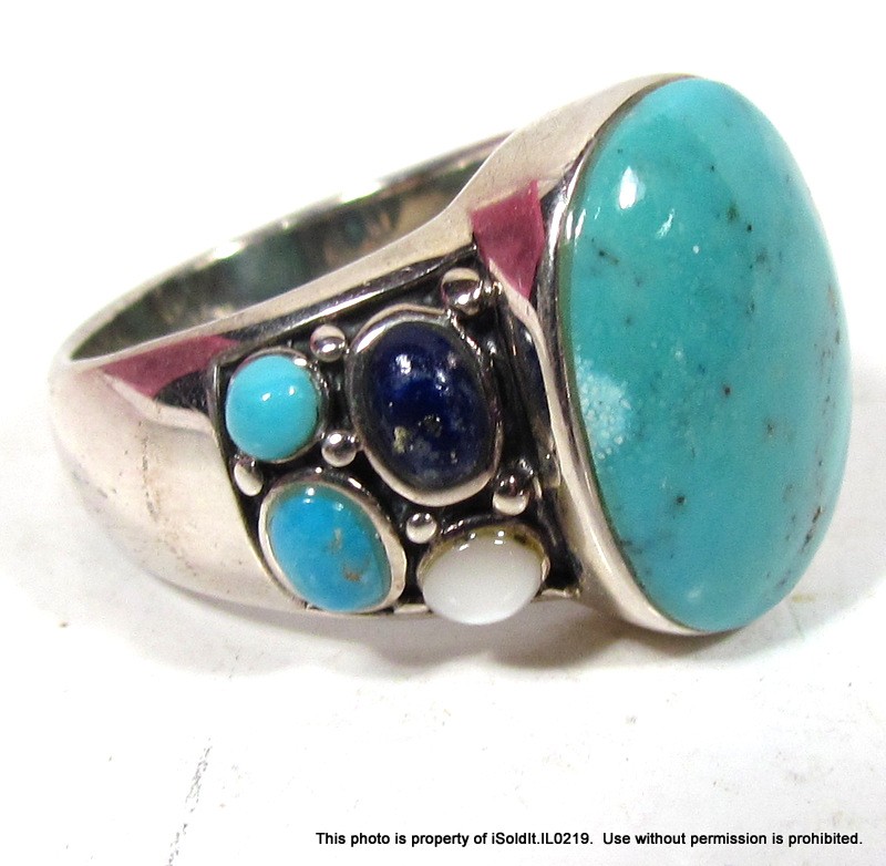 WOMENS STERLING SILVER & TURQUOISE CLUSTER RING SZ 8 w/ Navy Blue & White Stones