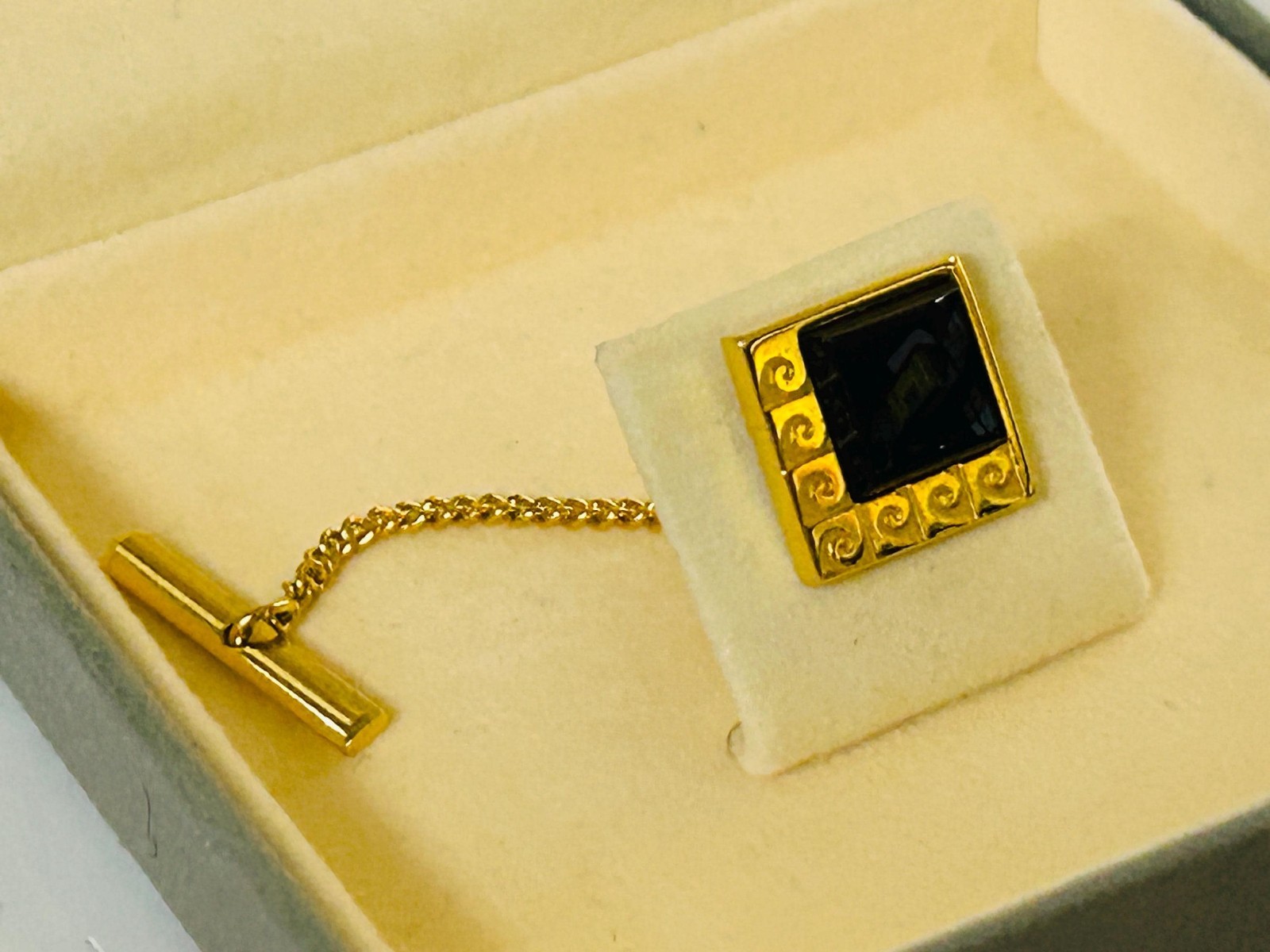 Vintage Pierre Cardin Tie Pin P Logo Square Black Onyx in Box
