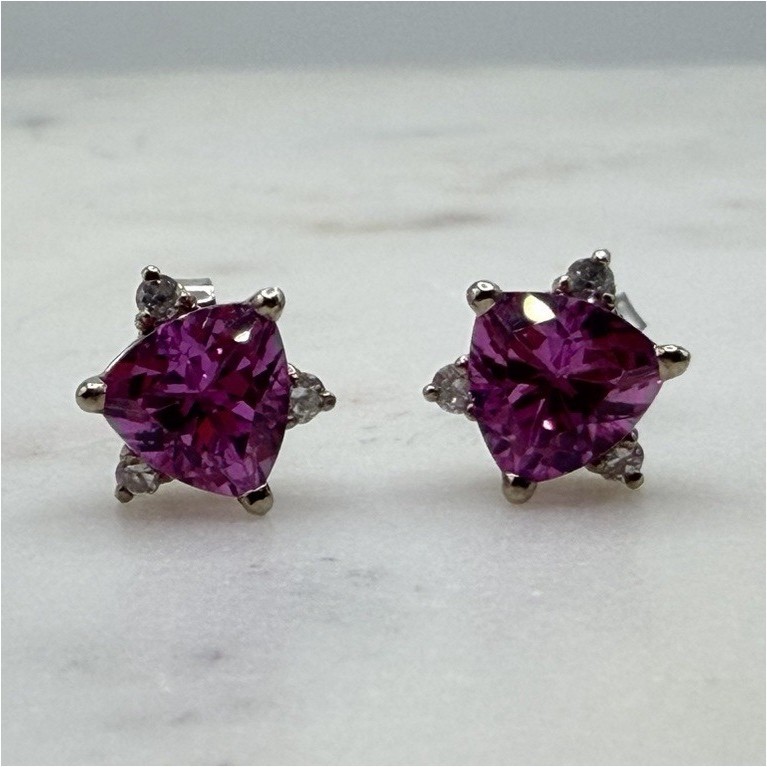 14K White Gold Pink Lab Created Sapphire w/ Diamond accent Earrings 2.28g