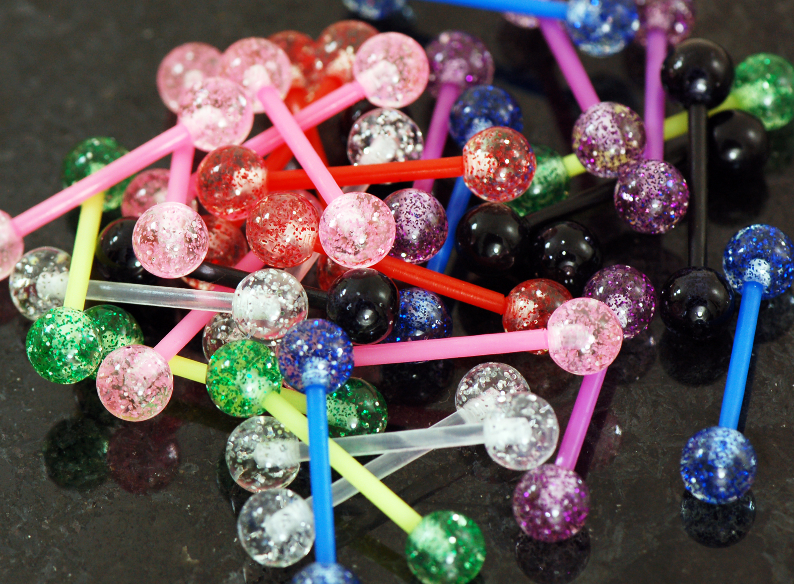 20Pc Mix Glow In The Dark + Glitter Bio-Flexible Tongue Barbells, Nipple Rings