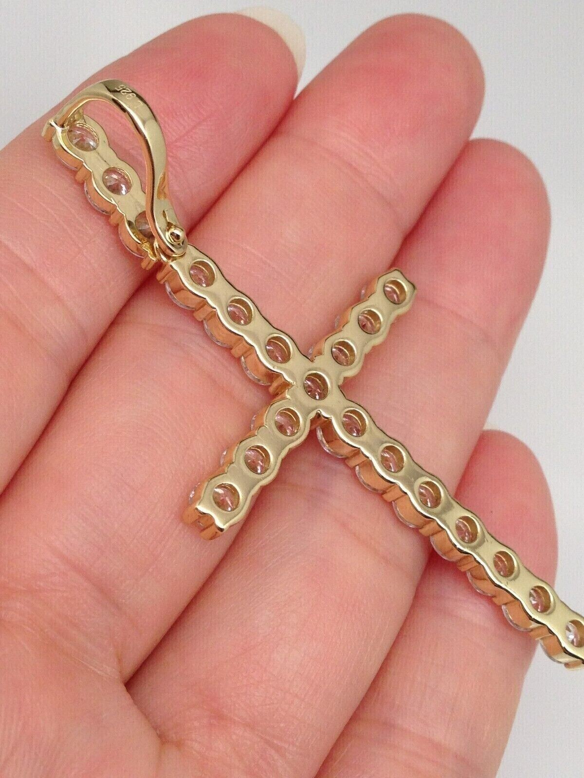 Men 925 Sterling Silver CZ Long Tennis Cross Pendant Gold Cross 1.77″/2.36″