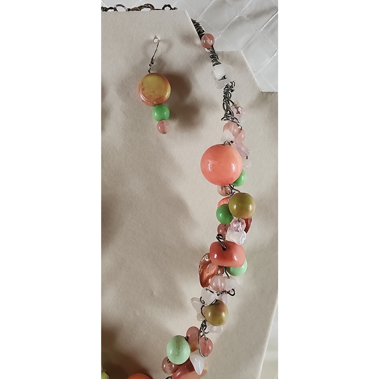 Handmade Artisan Gemstone Beaded Necklace Earring Set Pink Green Wire Wrap 20″