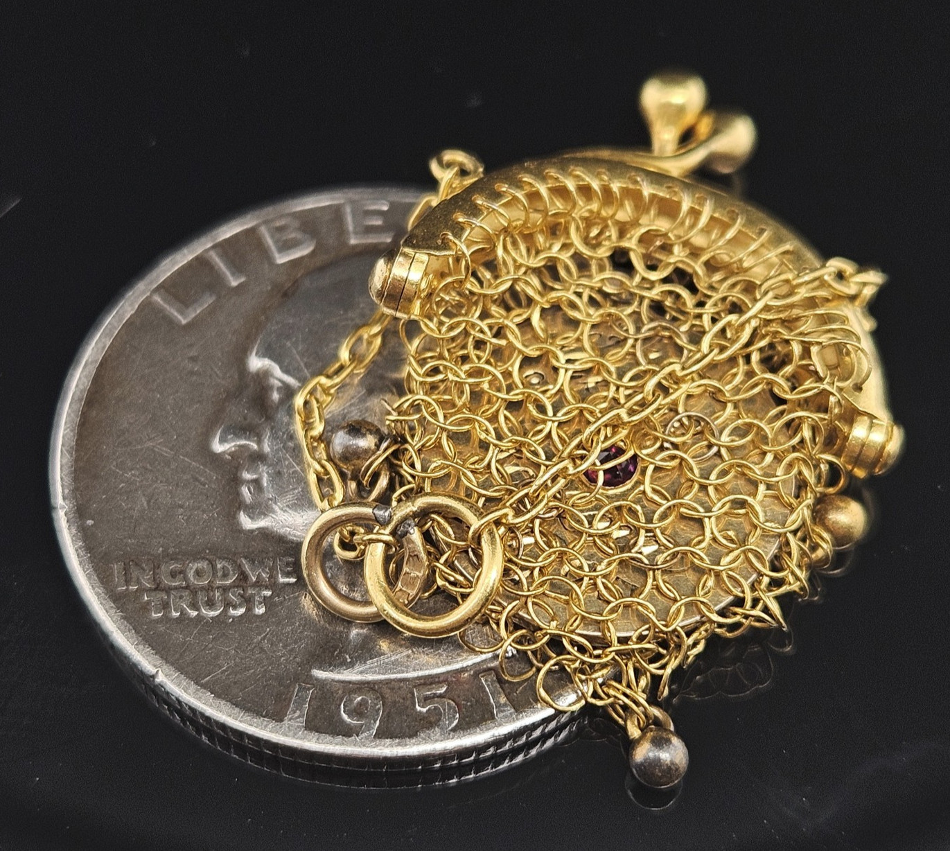 18K Gold Antique Mesh Purse Good Luck Love Token Coin Inside Charm Pendant 1905