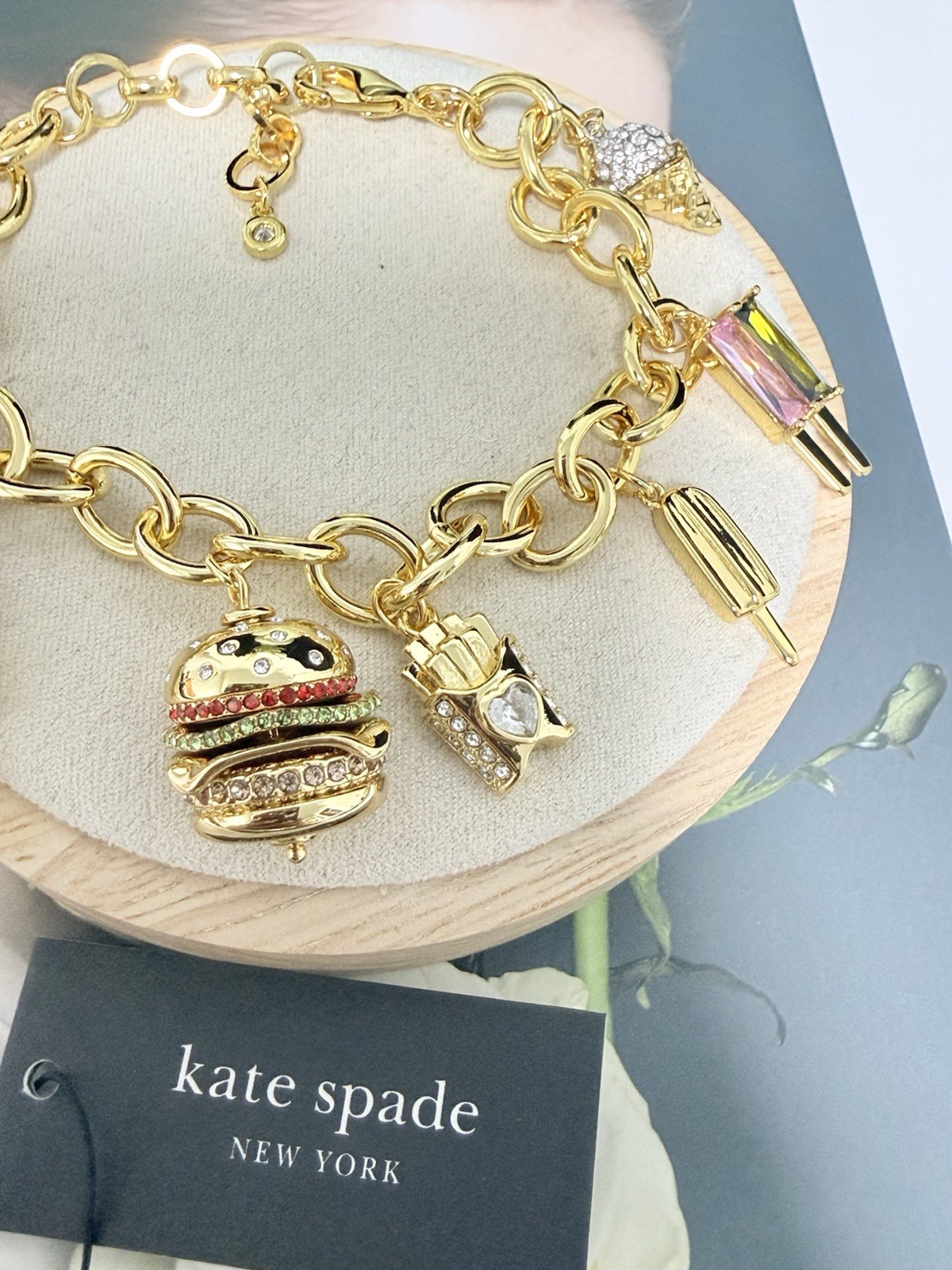 Kate Spade FAST FOOD CHARM Gold Plated Brass CZ Crystals Charm Bracelet