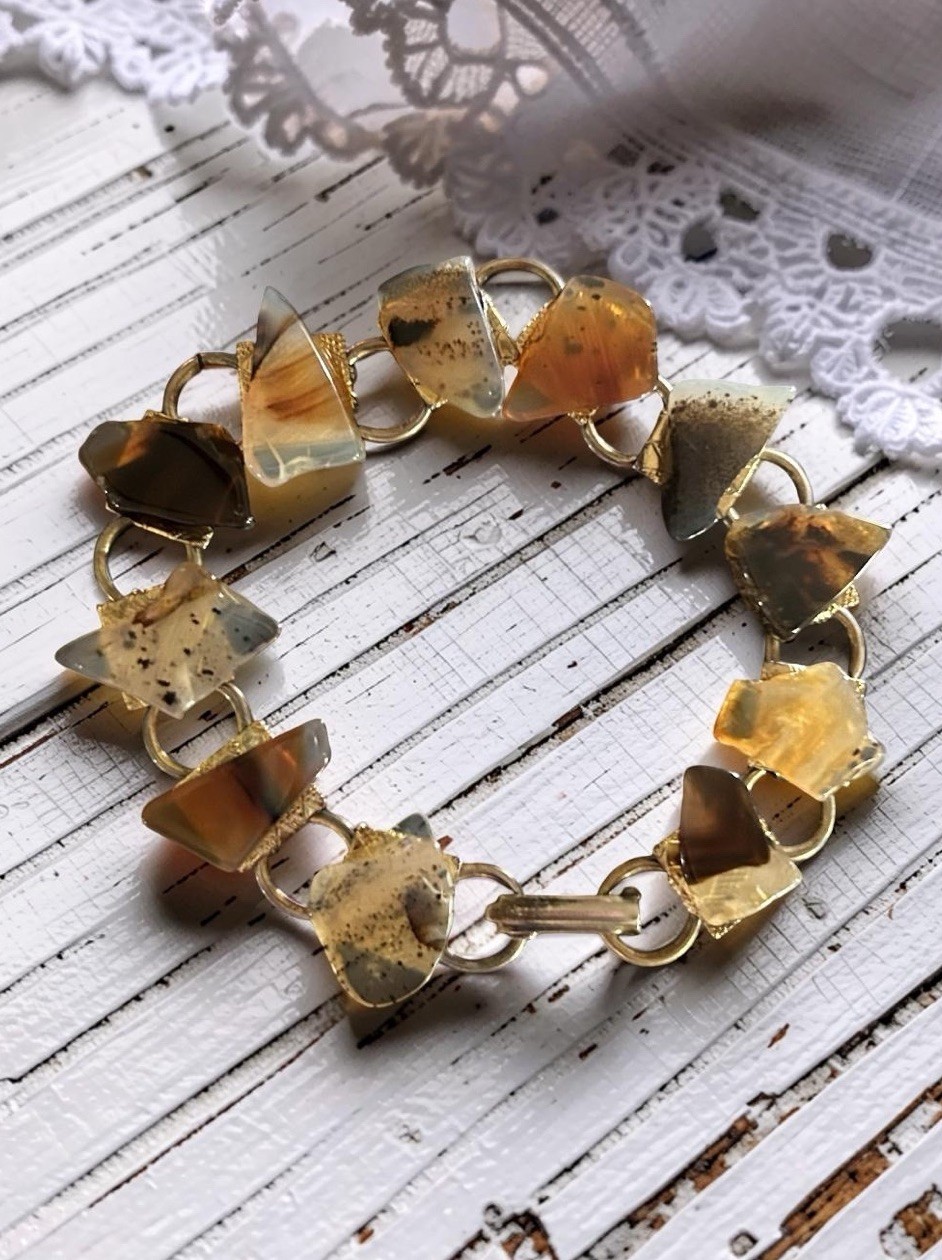 Agate Slice Gemstone Bracelet Boho Bohemian Rock Brown Black White Vintage ’70s